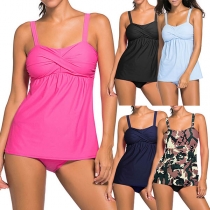 Sexy Backless Solid Color Cami Top + Low Waist Briefs Swimsuit Set