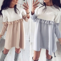 Fashion Contrast Color Long Sleeve Round Neck Loose Dress