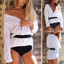 Sexy Deep V-neck Long Sleeve High-low Hem Striped Blouse