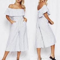 Sexy Off-shoulder Boat Neck High Waist Striped Jumpsuit 