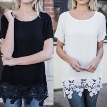 Fashion Solid Color Short Sleeve Round Neck Lace Spliced Hem T-shirt 