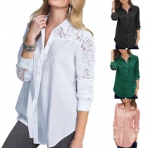 Fashion Lace Spliced Long Sleeve POLO Collar Single-breasted Shirt 