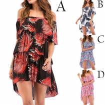 Bohemian Style Off-shoulder Boat Neck High-low Hem Printed Dress