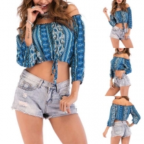 Sexy Off-shoulder Boat Neck 3/4 Sleeve Printed Crop Top 