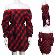 Sexy Off-shoulder Boat Neck Long Sleeve Plaid Dress