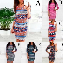 Fashion 3/4 Sleeve Round Neck Slim Fit Printed Dress