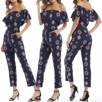Sexy Ruffle Boat Neck High Waist Slim Fit Printed Jumpsuit 