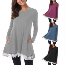 Fashion Long Sleeve Round Neck Lace Spliced Hem T-shirt Dress