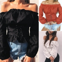 Sexy Off-shoulder Boat Neck Long Sleeve Lace-up Solid Color Top