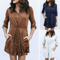Fashion Solid Color Long Sleeve POLO Collar Shirt Dress