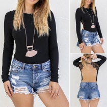 Sexy Backless Long Sleeve Round Neck Lace Spliced Bodysuit 
