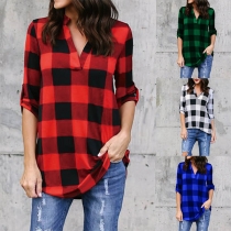 Fashion Long Sleeve V-neck Loose Plaid Blouse
