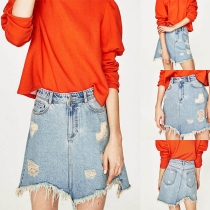 Fashion High Waist Irregular Frayed Hem Denim Skirt 