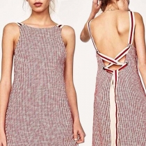 Sexy Backless Lace-up Striped Sling Dress