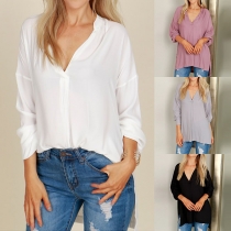 Fashion Solid Color Long Sleeve V-neck High-low Hem Chiffon Top 