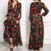 Sexy Deep V-neck Slit Long Sleeve Printed Chiffon Dress