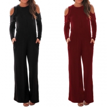 Sexy Off-shoulder Long Sleeve Round Neck High Waist Jumpsuit 