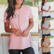 Fashion Short Sleeve Round Neck Lace Spliced Lace-up T-shirt 