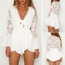 Sexy Deep V-neck Lace Spliced Trumpet Sleeve Romper 