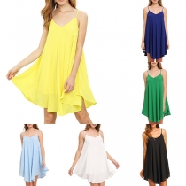 Fashion Candy Color Backless V-neck Irregular Hem SLing Chiffon Dress