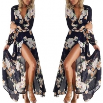 Sexy Deep V-neck Slit Hem Long Sleeve Printed Chiffon Dress