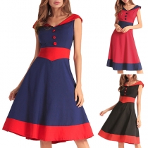 Fashion Contrast Color Sleeveless V-neck High Waist Dress