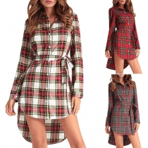 Fashion Long Sleeve POLO Collar High-low Hem Plaid Shirt Dress
