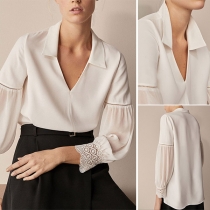 Fashion Solid Color Lace Spliced Lantern Sleeve V-neck Blouse
