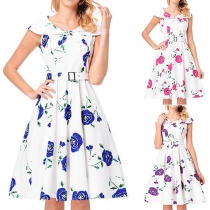 Fashion Sleeveless Lapel High Waist Printed Dress with Waistband 