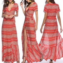 Bohemian Style Short Sleeve V-neck Slit Hem Printed Dress
