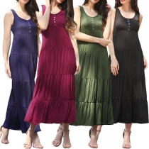 Bohemian Style Sleeveless Round Neck Solid Color Dress