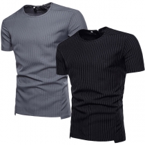 Fashion Short Sleeve Round Neck High-low Hem Men's Striped T-shirt  