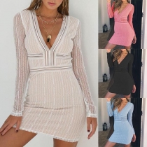 Sexy Backless Deep V-neck Long Sleeve Slim Fit Lace Spliced Dress