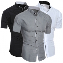 Fashion Short Sleeve Stand Collar Men's Striped Shirt
