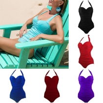 Sexy Backless Solid Color Halter One-piece Swimsuit 