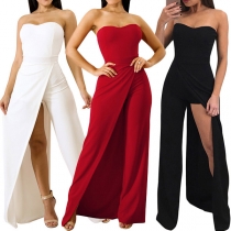 Sexy Strapless Slit Hem High Waist Solid Color Jumpsuit 