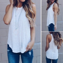 Fashion Sleeveless Round Neck Arc Hem Striped T-shirt 