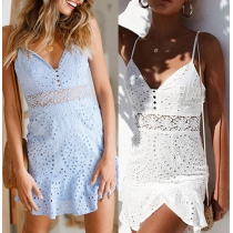 Sexy Backless V-neck High Waist Ruffle Hem Sling Lace Dress