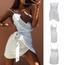 Sexy Backless Irregular Hem Sling Striped Dress