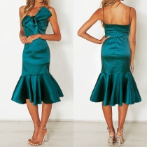 Sexy Bowknot Strapless Fishtail Hem Solid Color Party Dress