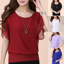 Fashion Solid Color Dolman Sleeve Round Neck Chiffon Top 