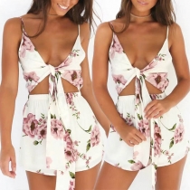 Sexy Backless Knotted V-neck Printed Sling Romper