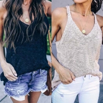 Fashion Solid Color Sleeveless V-neck Loose Knit Top 