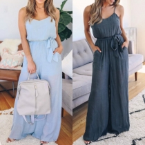 Sexy Backless High Waist Solid Color Sling Jumpsuit 