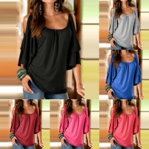 Sexy Off-shoulder Lotus Sleeve Round Neck Solid Color T-shirt 