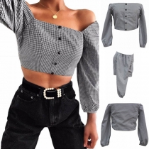Sexy Off-shoulder Boat Neck Long Sleeve Plaid Crop Top 