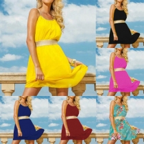 Sexy Backless Solid Color Sling Chiffon Dress with Waistband 