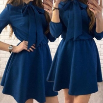 Fashion Solid Color Lace-up Bowknot Collar Elastic Waist Dress