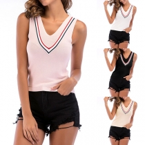 Sexy Backless V-neck Sleeveless Contrast Color T-shirt 