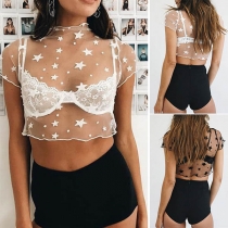 Sexy Short Sleeve Star Printed See-through Gauze Crop Top 